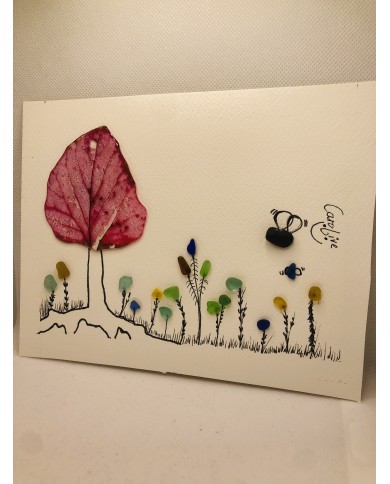 Ilustración pintada a mano con hoja natural y cristal marino