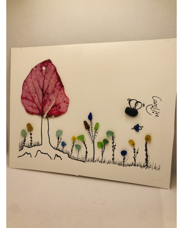 Ilustración pintada a mano con hoja natural y cristal marino