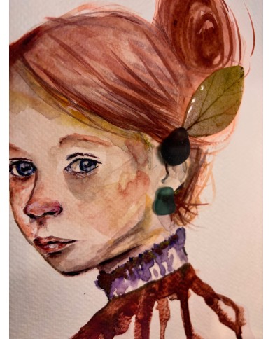 ILUSTRACIÓN acuarela pintada a mano  con hoja natural