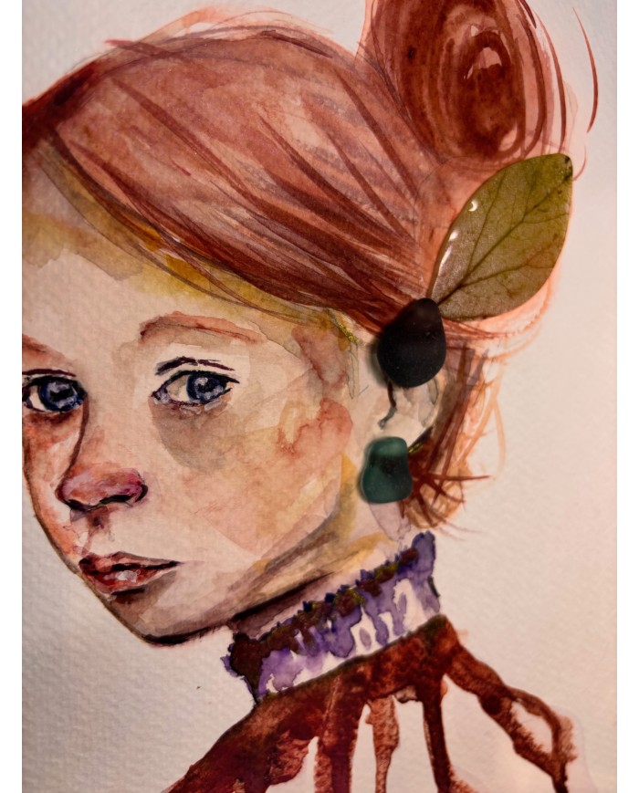 ILUSTRACIÓN acuarela pintada a mano  con hoja natural