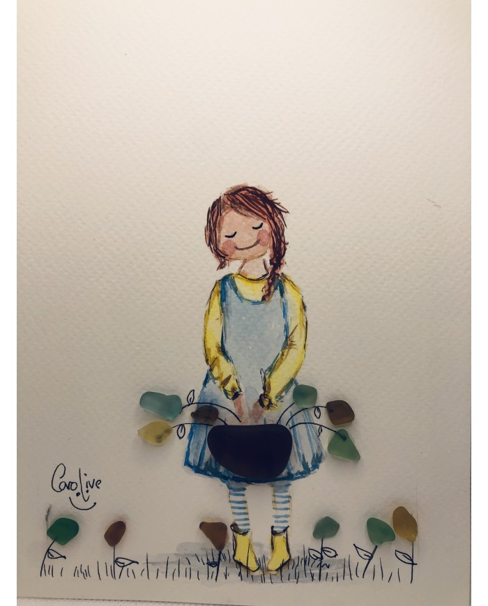 Ilustración artesanal pintada a  mano y cristal marino