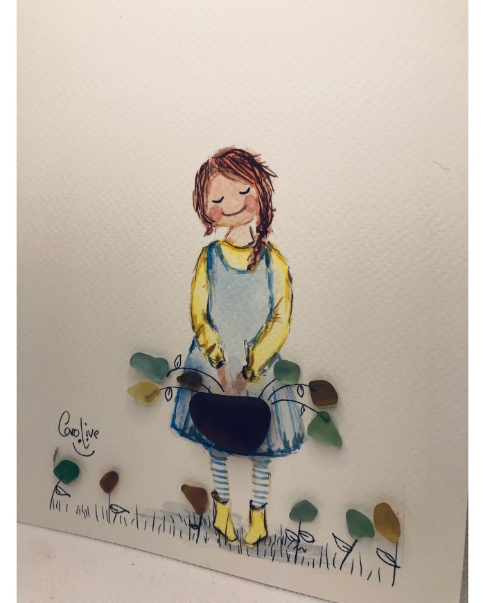 Ilustración artesanal pintada a  mano y cristal marino