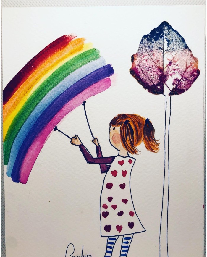 Ilustración pintada a mano con hoja natural esqueletizada