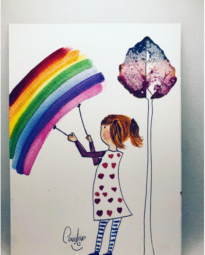 Ilustración pintada a mano con hoja natural esqueletizada