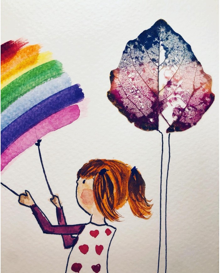 Ilustración pintada a mano con hoja natural esqueletizada