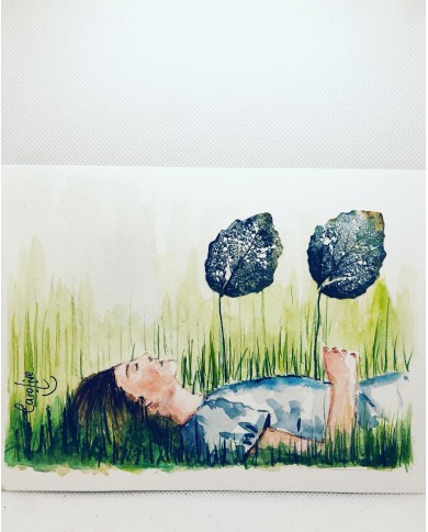 Ilustración pintada a mano con hoja natural esqueletizada