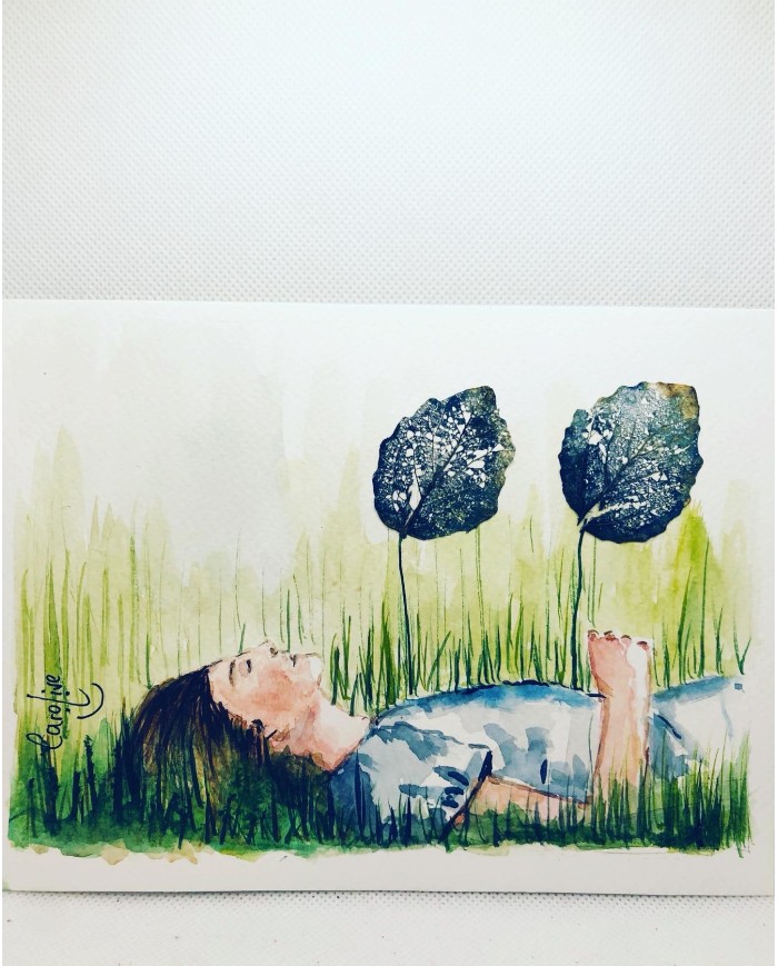 Ilustración pintada a mano con hoja natural esqueletizada