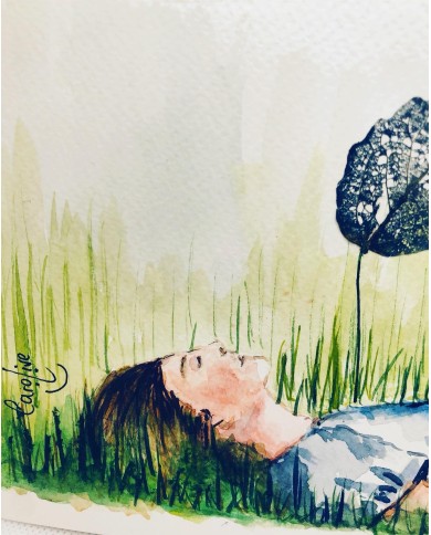 Ilustración pintada a mano con hoja natural esqueletizada