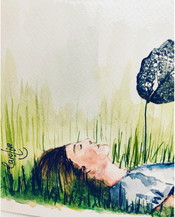 Ilustración pintada a mano con hoja natural esqueletizada