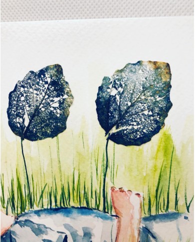 Ilustración pintada a mano con hoja natural esqueletizada