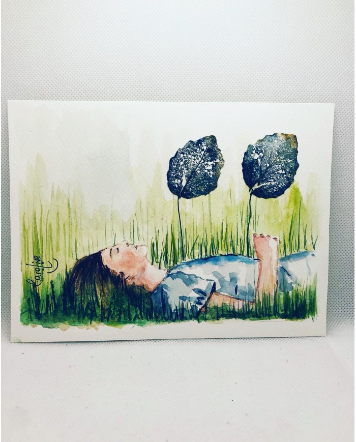 Ilustración pintada a mano con hoja natural esqueletizada