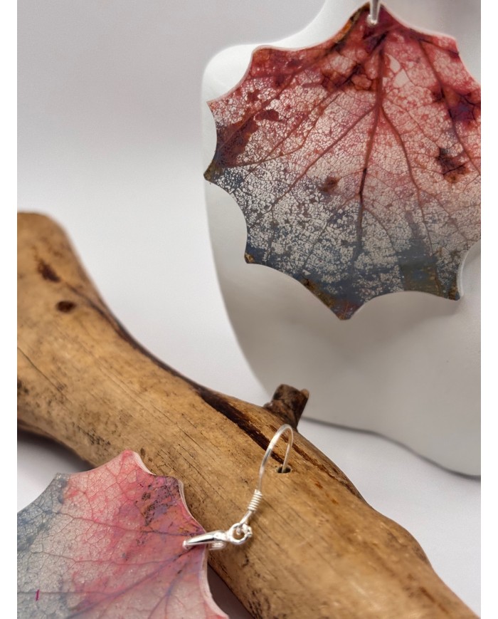 PENDIENTES ARTESANOS DE HOJA NATRURAL ESQUELETIZADA DE ÁLAMO BLANCO