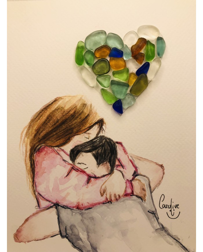 Ilustración pintada a mano con cristal marino o Sea glass