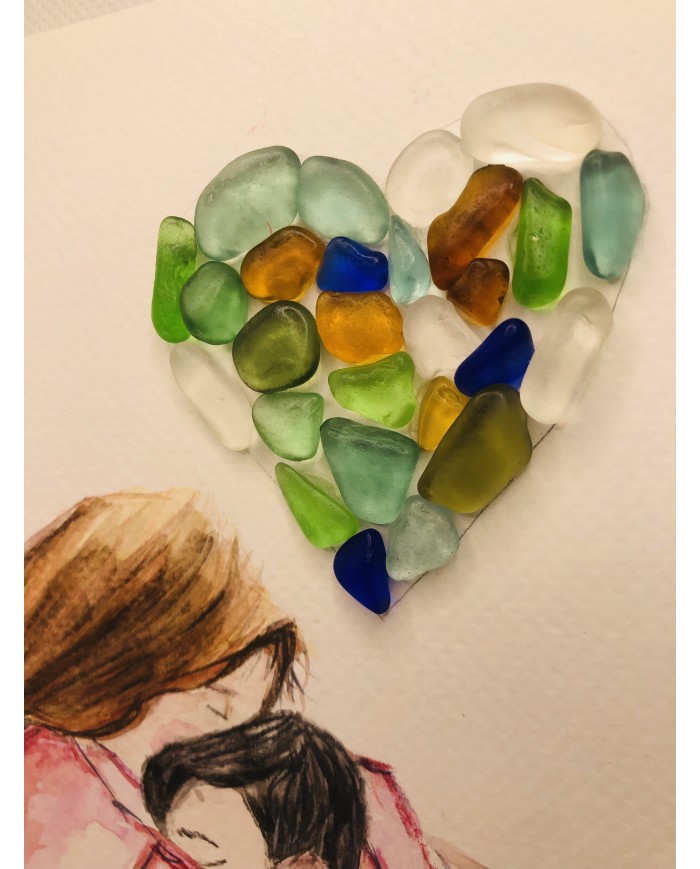 Ilustración pintada a mano con cristal marino o Sea glass