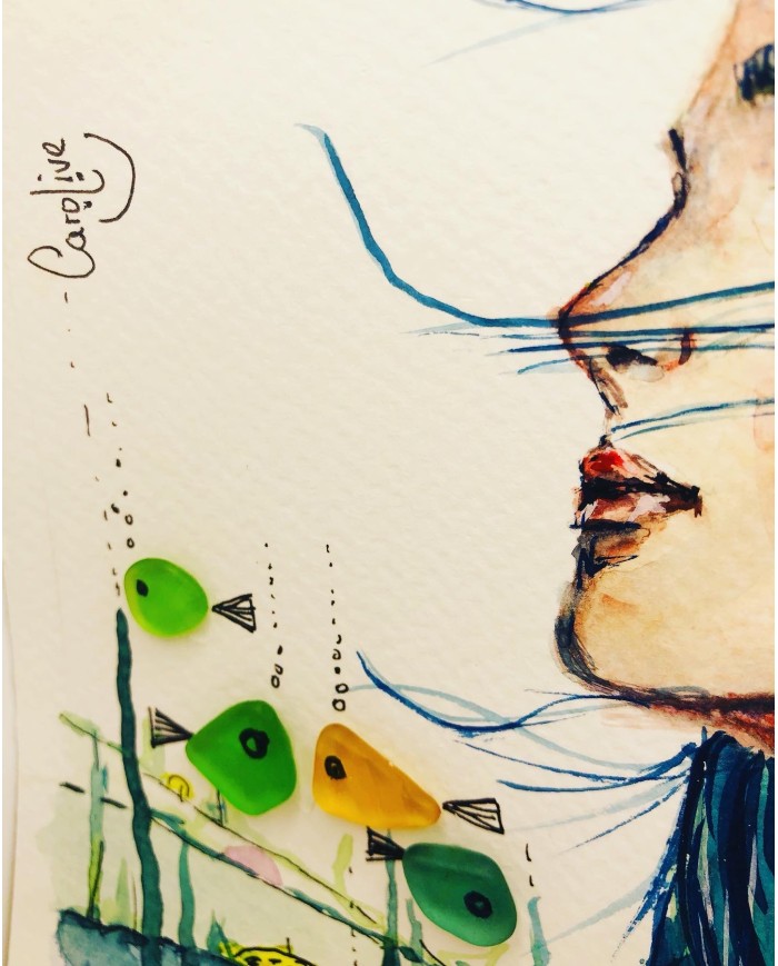 Ilustración pintada a mano con acuarela y cristal marino