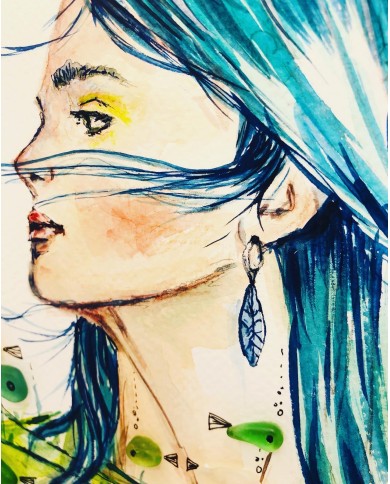 Ilustración pintada a mano con acuarela y cristal marino