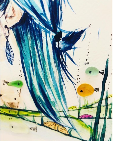 Ilustración pintada a mano con acuarela y cristal marino