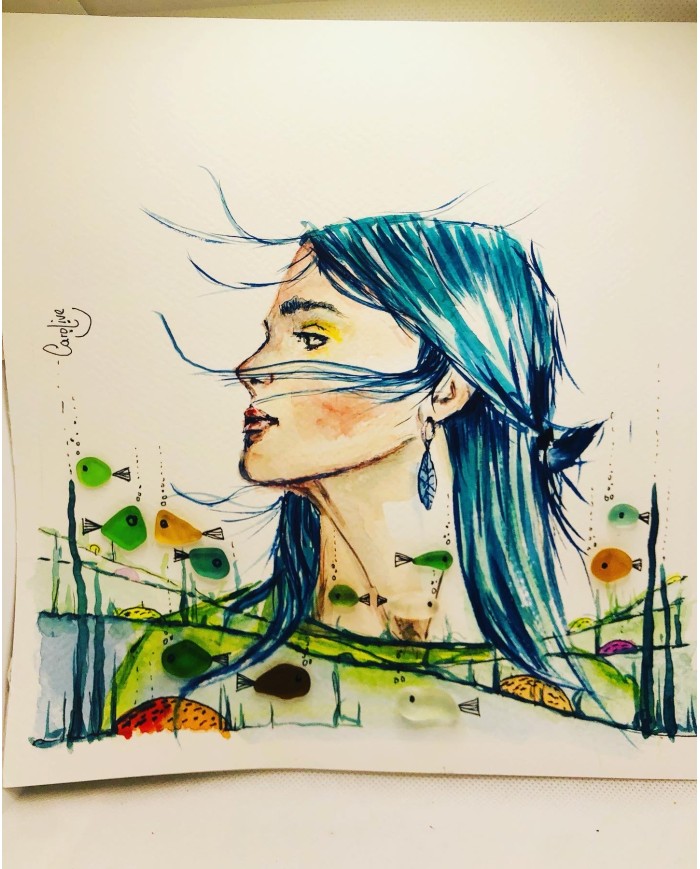 Ilustración pintada a mano con acuarela y cristal marino