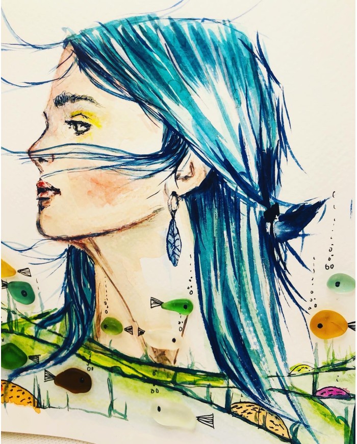 Ilustración pintada a mano con acuarela y cristal marino