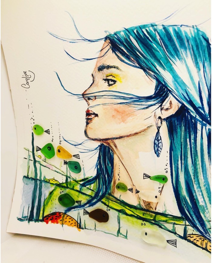 Ilustración pintada a mano con acuarela y cristal marino