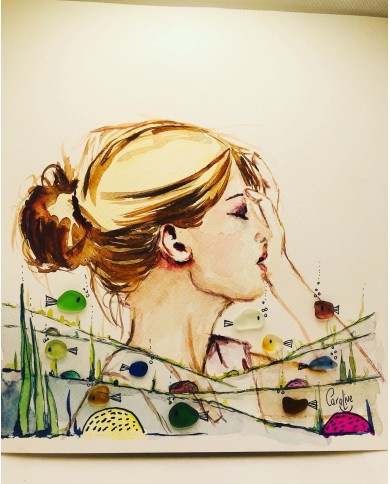 Ilustración pintada a mano con acuarela y cristal marino