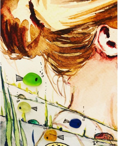 Ilustración pintada a mano con acuarela y cristal marino