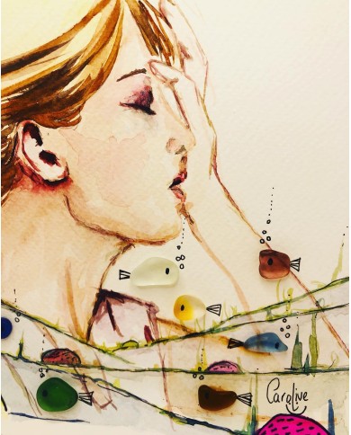 Ilustración pintada a mano con acuarela y cristal marino