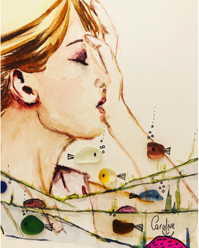 Ilustración pintada a mano con acuarela y cristal marino