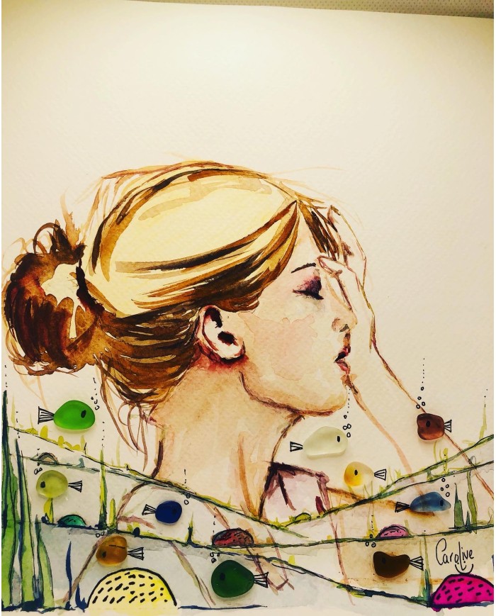 Ilustración pintada a mano con acuarela y cristal marino