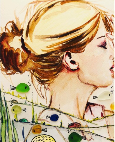 Ilustración pintada a mano con acuarela y cristal marino