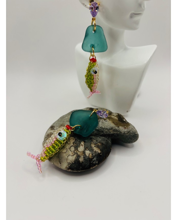 PENDIENTES ARTESANOS DE CRISTAL MARINO O LÁGRIMAS DE SIRENA