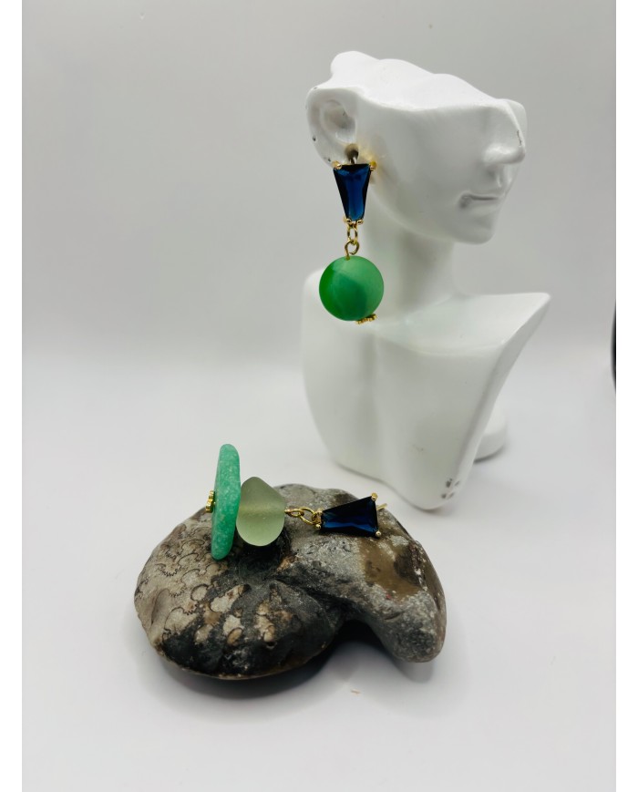 PENDIENTES ARTESANOS DE CRISTAL MARINO CON CANICA