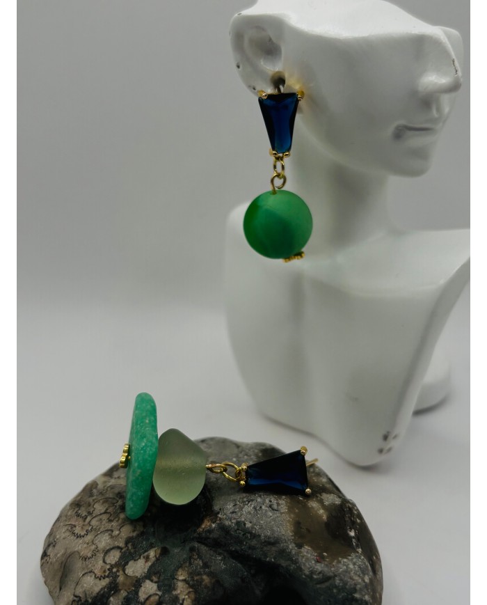 PENDIENTES ARTESANOS DE CRISTAL MARINO CON CANICA