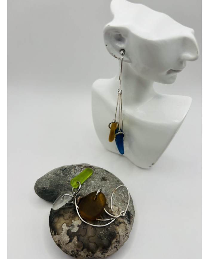 PENDIENTES ARTESANOS DE CRISTAL MARINO EDICÓN PLATA