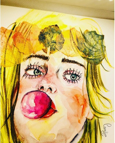 Ilustración pintada a mano con acuarelas y hoja natural esqueletizada