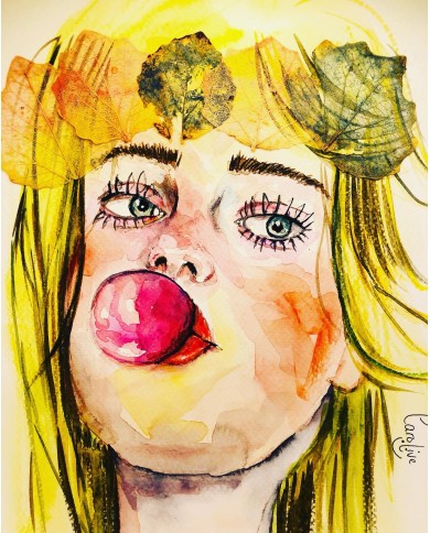 Ilustración pintada a mano con acuarelas y hoja natural esqueletizada