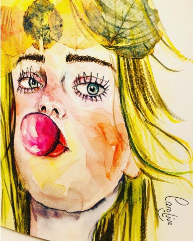 Ilustración pintada a mano con acuarelas y hoja natural esqueletizada