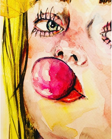 Ilustración pintada a mano con acuarelas y hoja natural esqueletizada