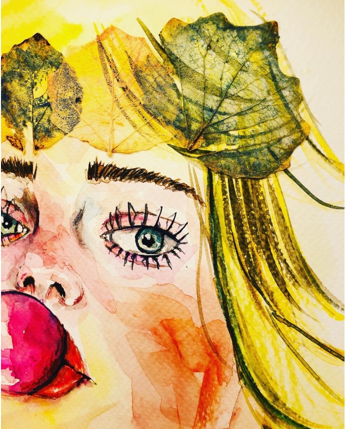 Ilustración pintada a mano con acuarelas y hoja natural esqueletizada