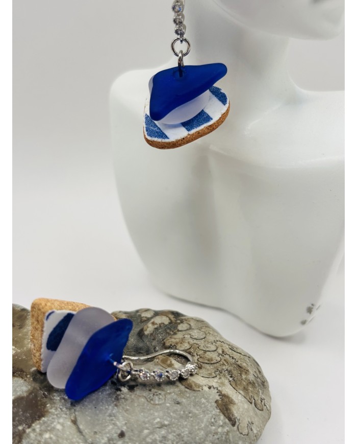 PENDIENTES ARTESANOS DE CRISTAL MARINO Y AZULEJO
