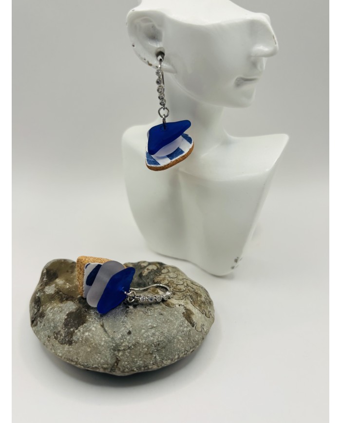 PENDIENTES ARTESANOS DE CRISTAL MARINO Y AZULEJO