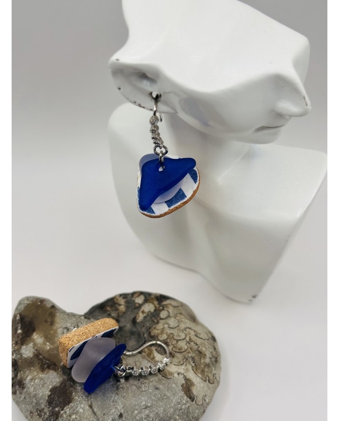 PENDIENTES ARTESANOS DE CRISTAL MARINO Y AZULEJO