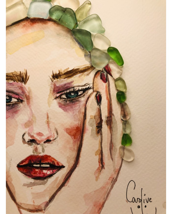 Ilustración pintada a mano con acuarela y cristal marino