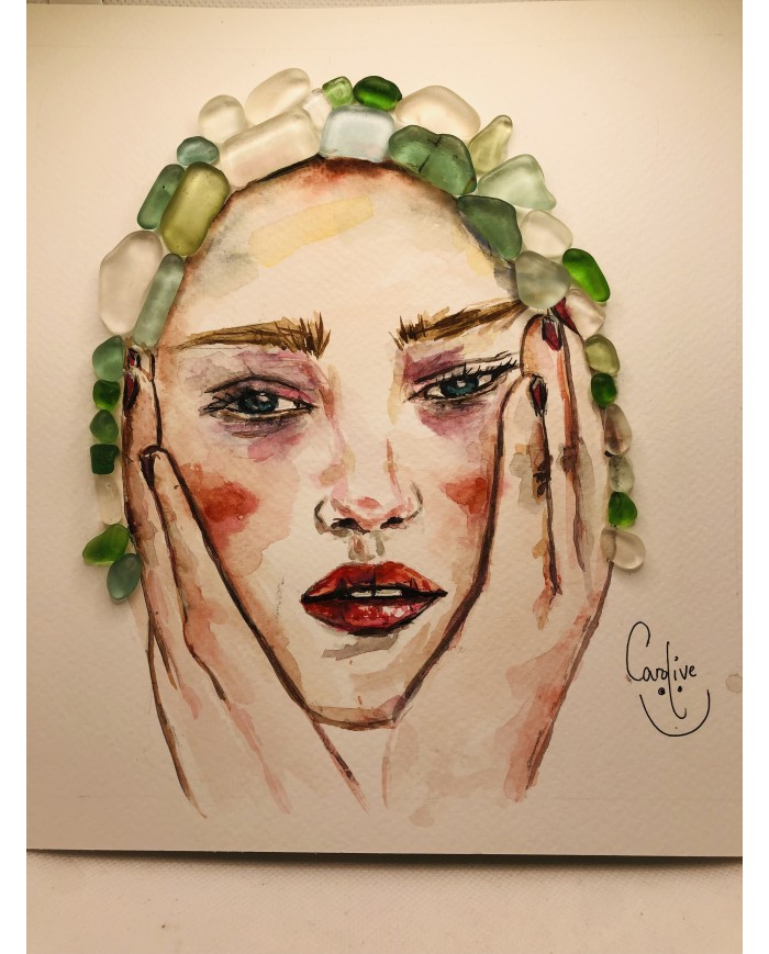 Ilustración pintada a mano con acuarela y cristal marino