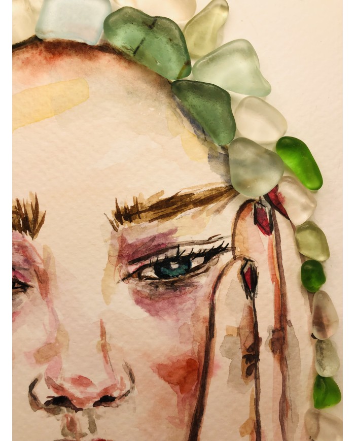 Ilustración pintada a mano con acuarela y cristal marino