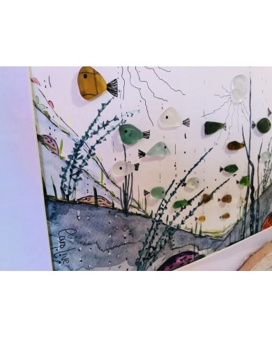 Cuadro del fondo marino pintado con acuarela y cristal marino