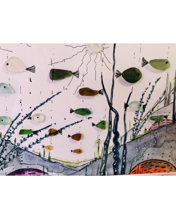 Cuadro del fondo marino pintado con acuarela y cristal marino