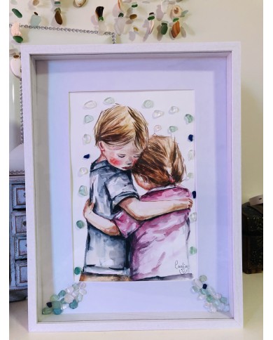 Cuadro pintado con acuarela y cristal marino o Seaglass