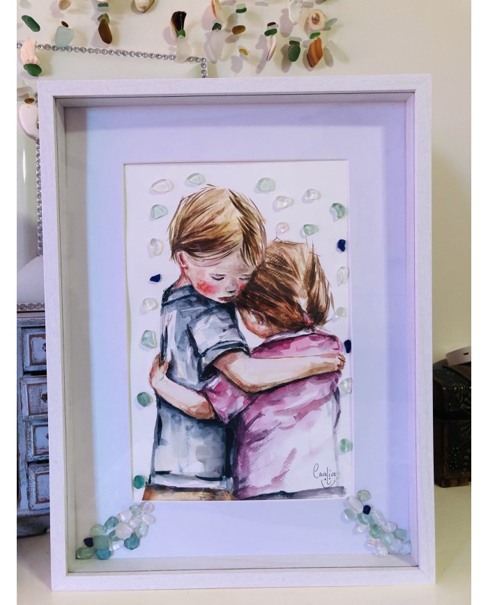 Cuadro pintado con acuarela y cristal marino o Seaglass