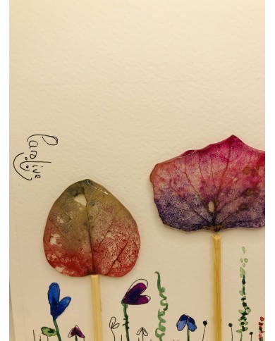 Ilustración pintada a mano con hoja natural esqueletizada